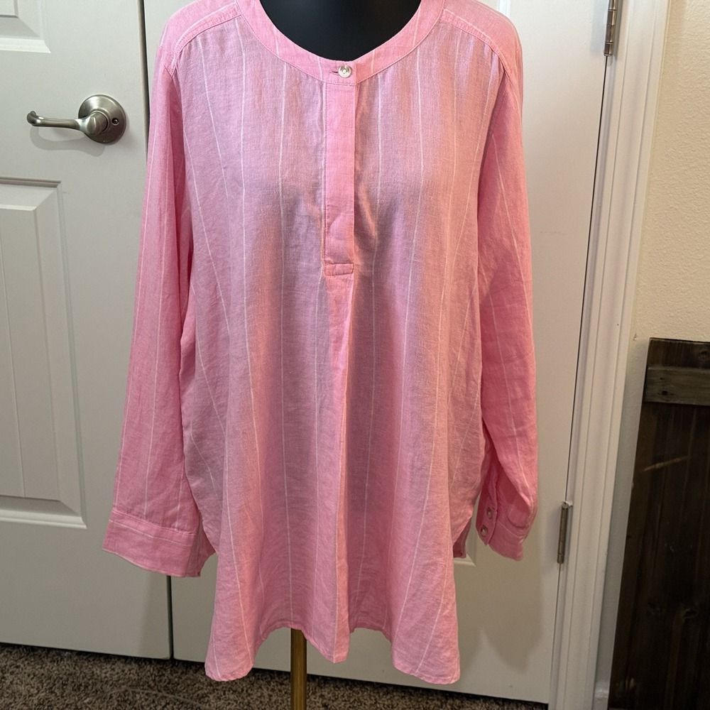 M&S Pure Linen Pink Striped Plus Size Long Sleeve Shirt Breathable,‎ Size 14
